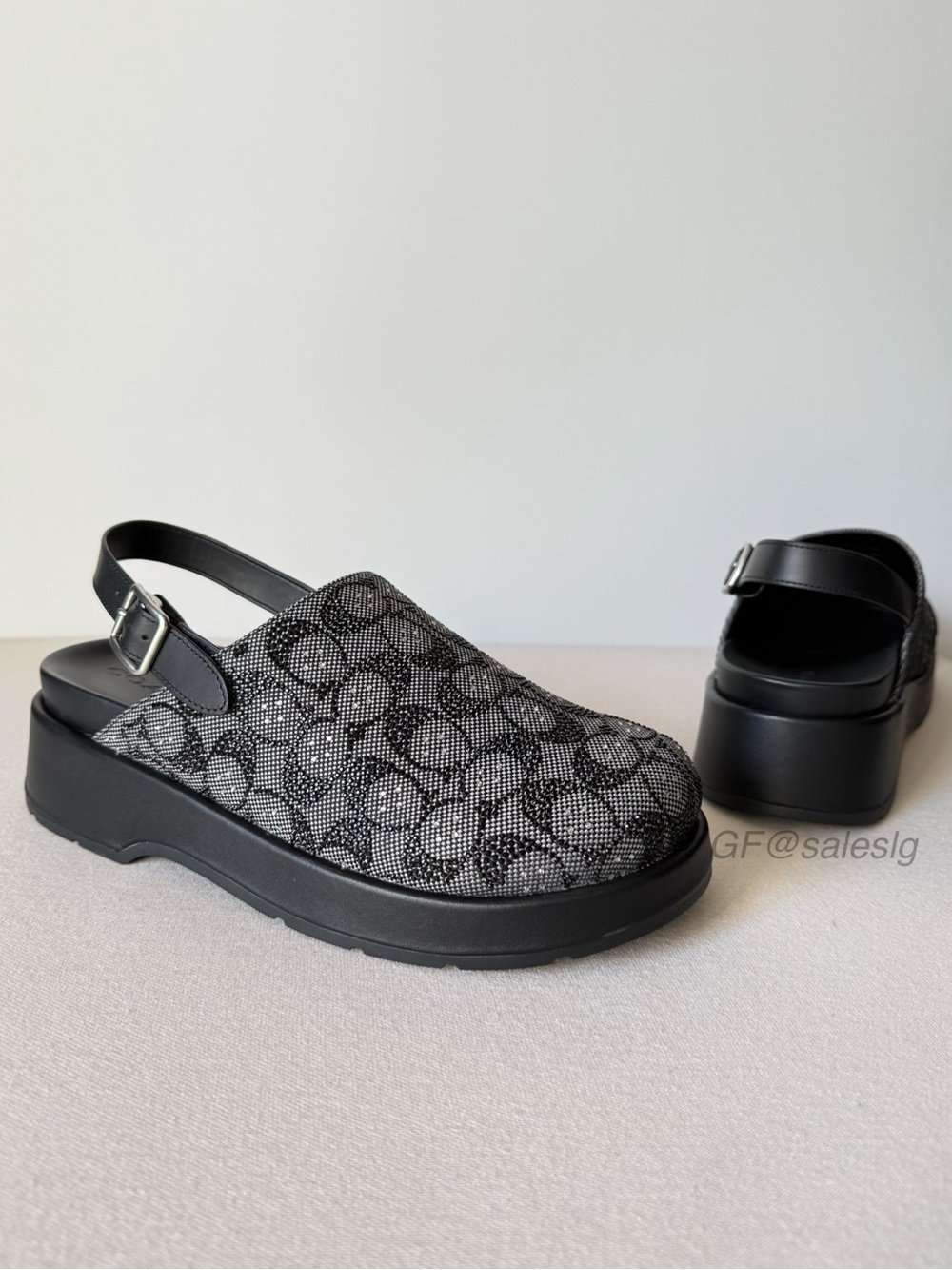 NWT Coach Sculpted C Platform Clog In Crystal Signature Jacquard Black Size 10